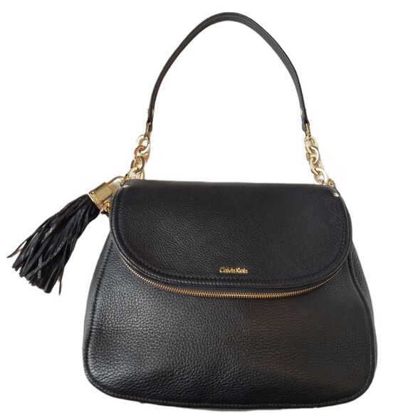 Calvin Klein Black and Gold Chain Saddle Tassel Handbag - Picture 12 of 14